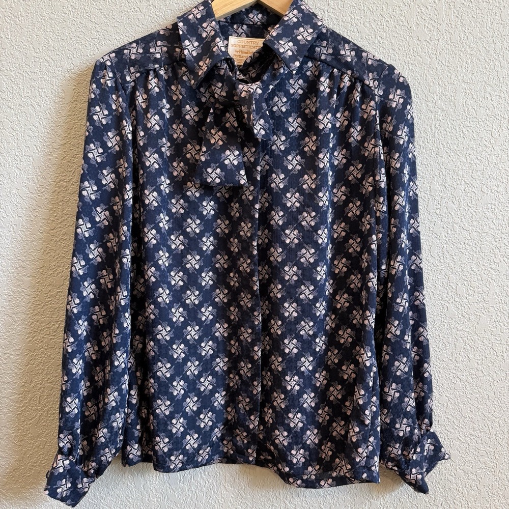 Country Sophisticates By Pendleton Tie Blouse Silky Feel Navy Pink Made In USA